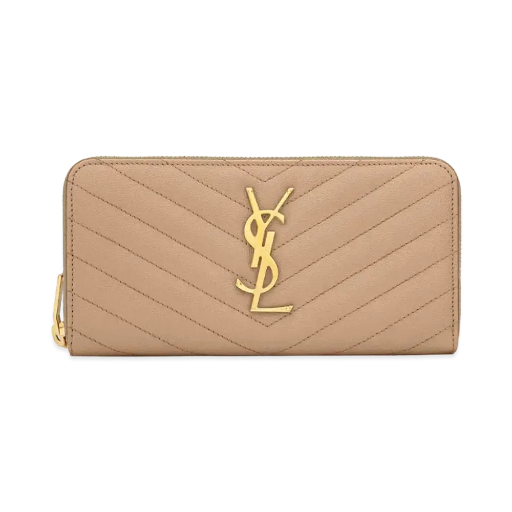 SAINT LAURENT Monogram Zip Around Wallet In Grain De Poudre Embossed Leather "Dark Beige"