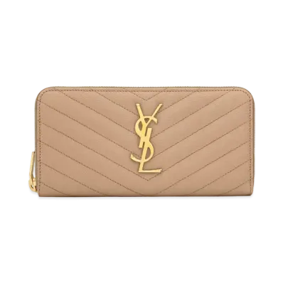 SAINT LAURENT Monogram Zip Around Wallet In Grain De Poudre Embossed Leather "Dark Beige"