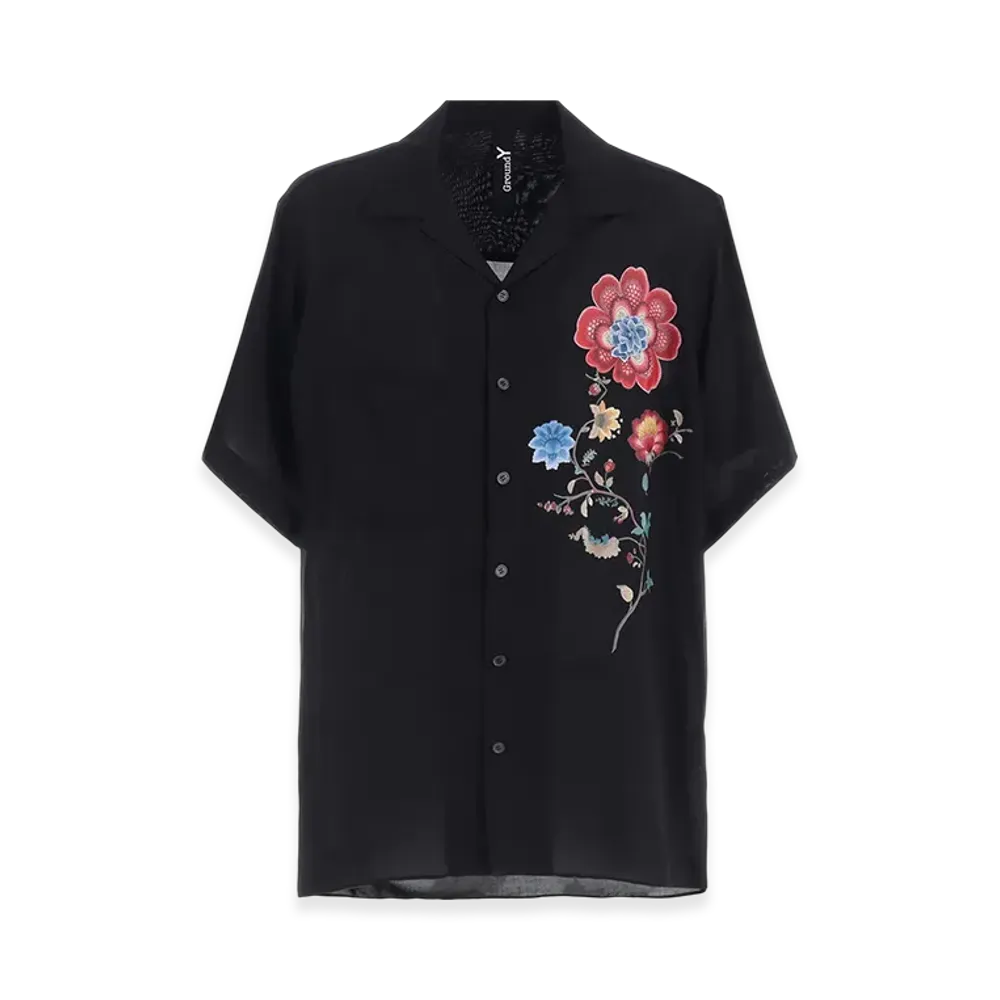 Ground Y Cellulose Lawn Chinese Flower Aloha Shirt "Black"