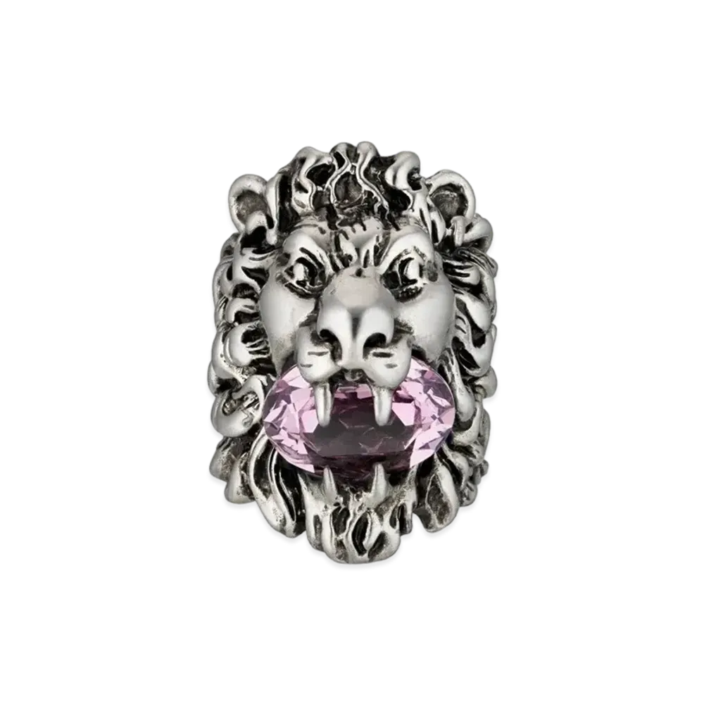 GUCCI Rhinestone Lion Head Ring "Silver"