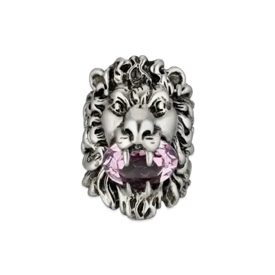 GUCCI Rhinestone Lion Head Ring "Silver"