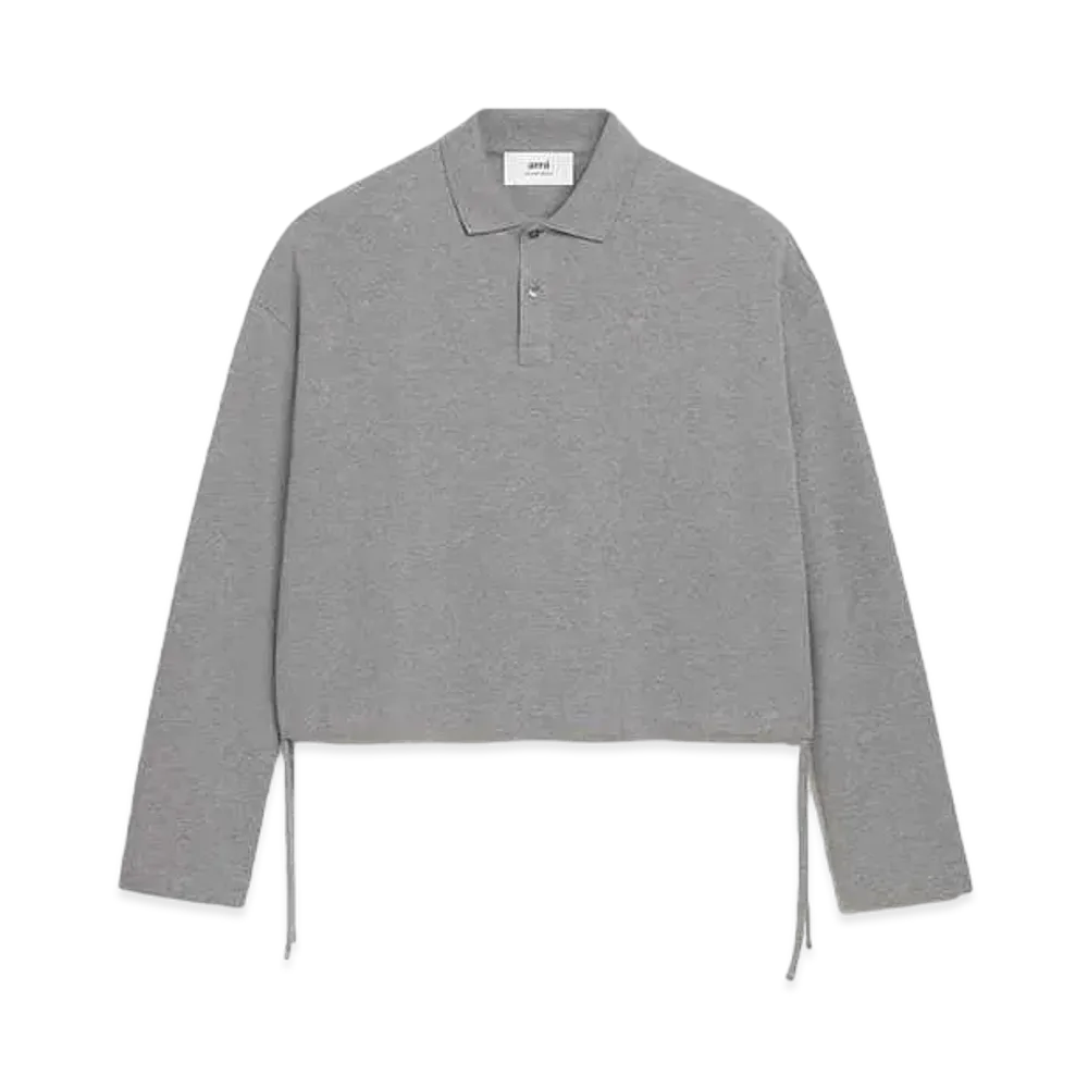 AMI PARIS Organic Cotton Pique AMI DE COEUR Cropped Polo Shirt "Heather Gray"