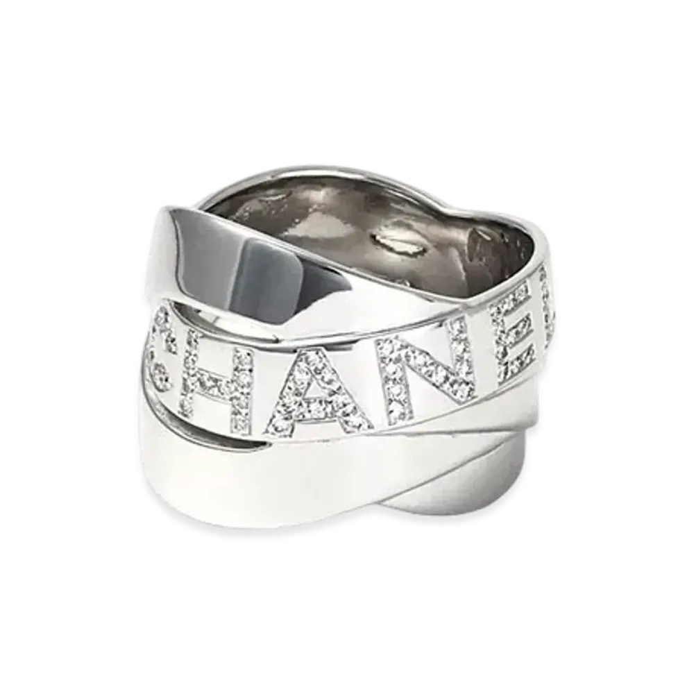 CHANEL Boldic Signature Wide Ribbon Logo Ring Diamond 18K "White Gold"