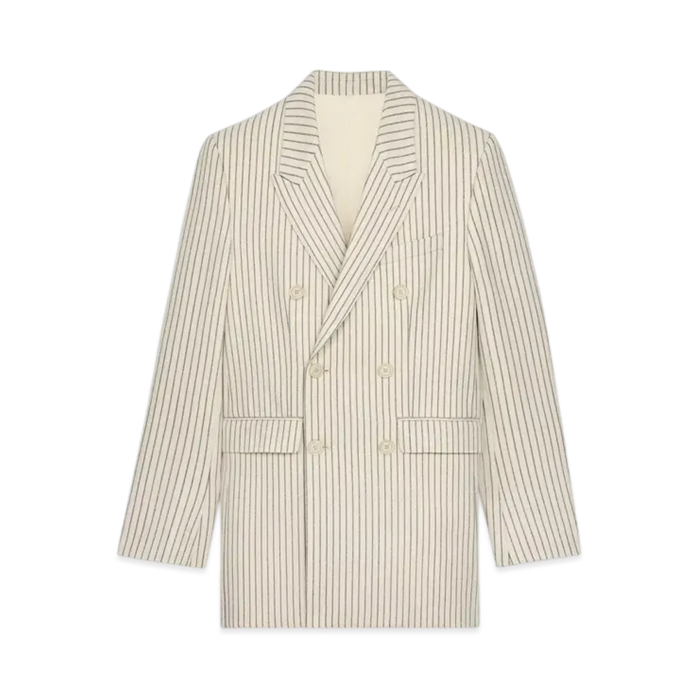 CELINE Men's Camden Jacket in Striped Wool Gabardine "Vanille/Noir"
