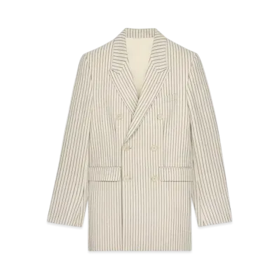 CELINE Men's Camden Jacket in Striped Wool Gabardine "Vanille/Noir"