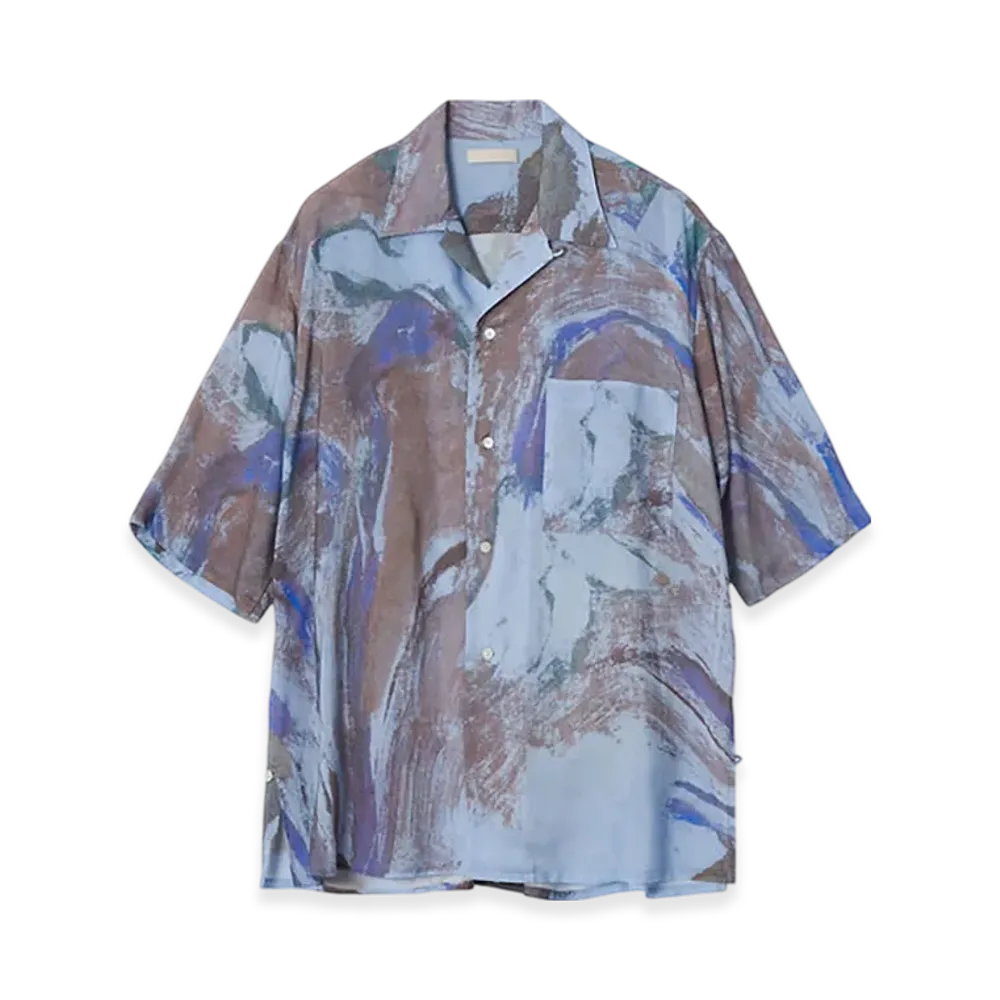 YOKE Flower Pritned Tencell Twill Open Collar Shirt "Blue"