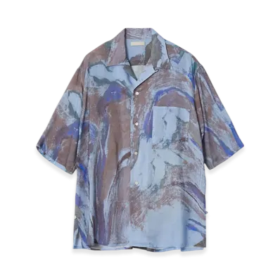 YOKE Flower Pritned Tencell Twill Open Collar Shirt "Blue"