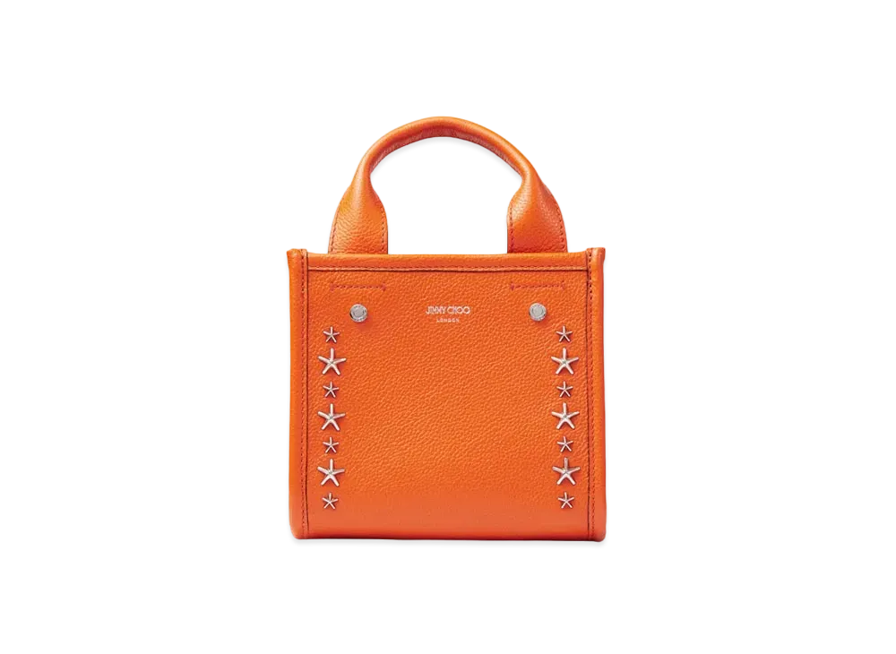 JIMMY CHOO SHOPPER TOTE/S Soft Grainy Curf Leather Tote Bag With Silver Star Studs "Amber Orange"