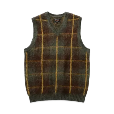 BEAMS Check Vest Mohair "Green"