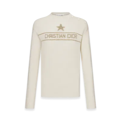 Dior Women's Embroidered Sweater Technical Cashmere Knit Signature "White/Gold"