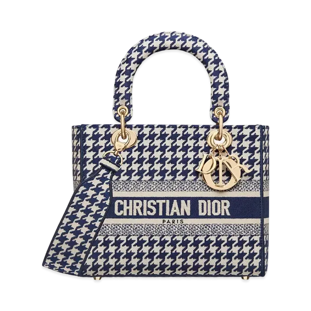 Dior Meidium Lady D-Lite Bag Blue Houndstooth Embroidery "Blue"
