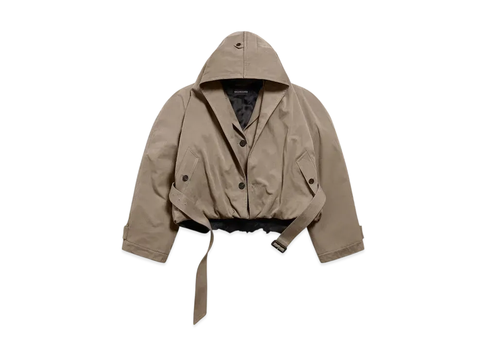 BALENCIAGA Women's Flipped Hooded Trench "Dark Beige"
