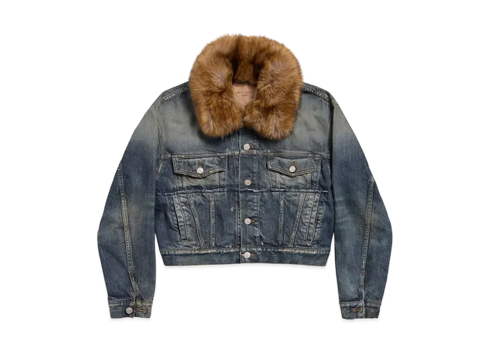 BALENCIAGA Women's Faux-Fur Collar Denim Jacket "Dark Blue"