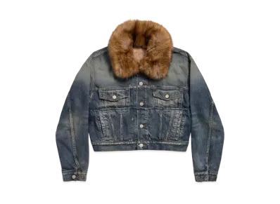 BALENCIAGA Women's Faux-Fur Collar Denim Jacket "Dark Blue"