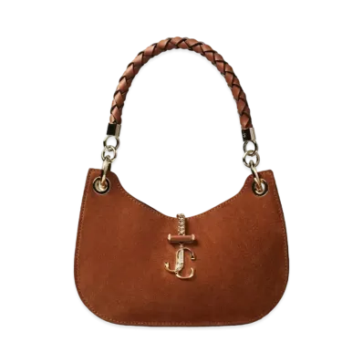 Jimmy Choo Varenne Hobo/S Suede And Raffia Hobo Handbag With Woven Handle "Dark Tan/Natural"