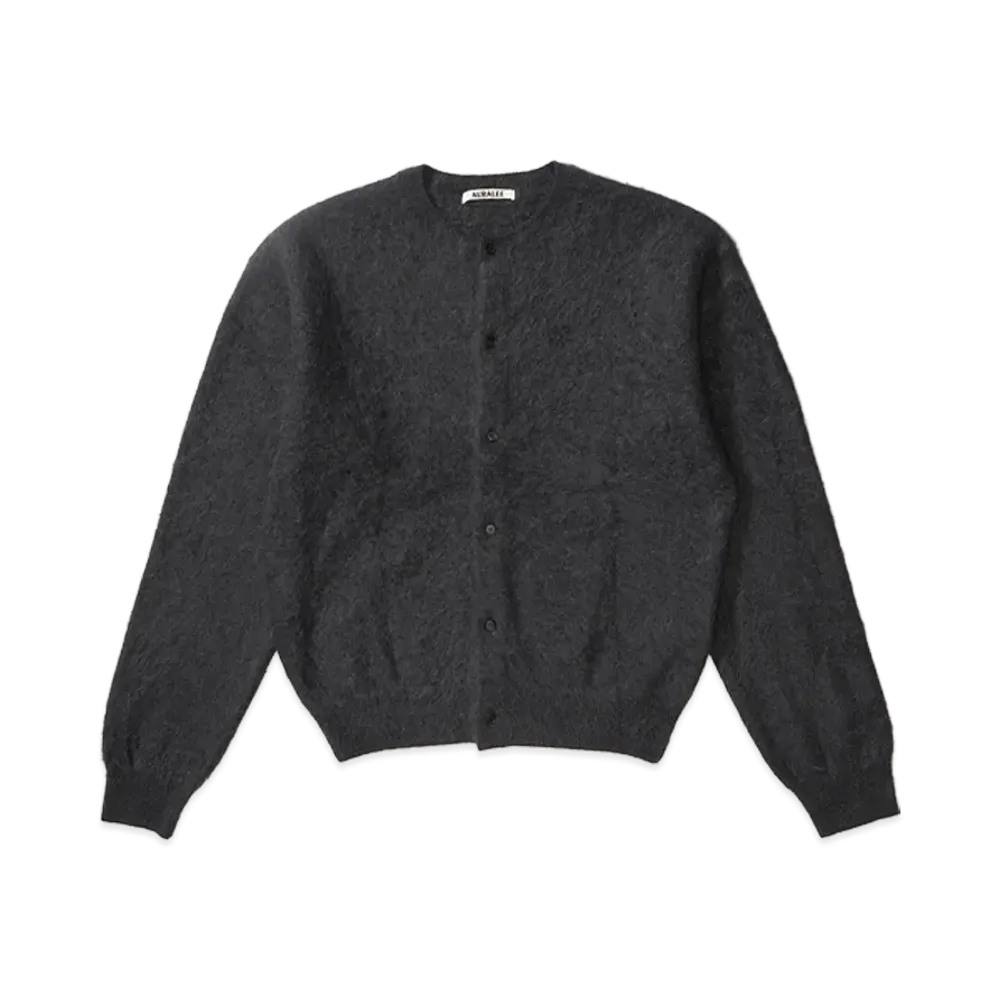 AURALEE Garment-Dyed Baby Alpaca Fur Knit Crew-Neck Cardigan "Dark Gray"