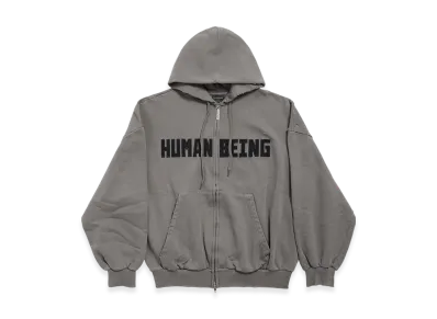 BALENCIAGA Human Being Shifted Zip Up Hoodie "Grey"
