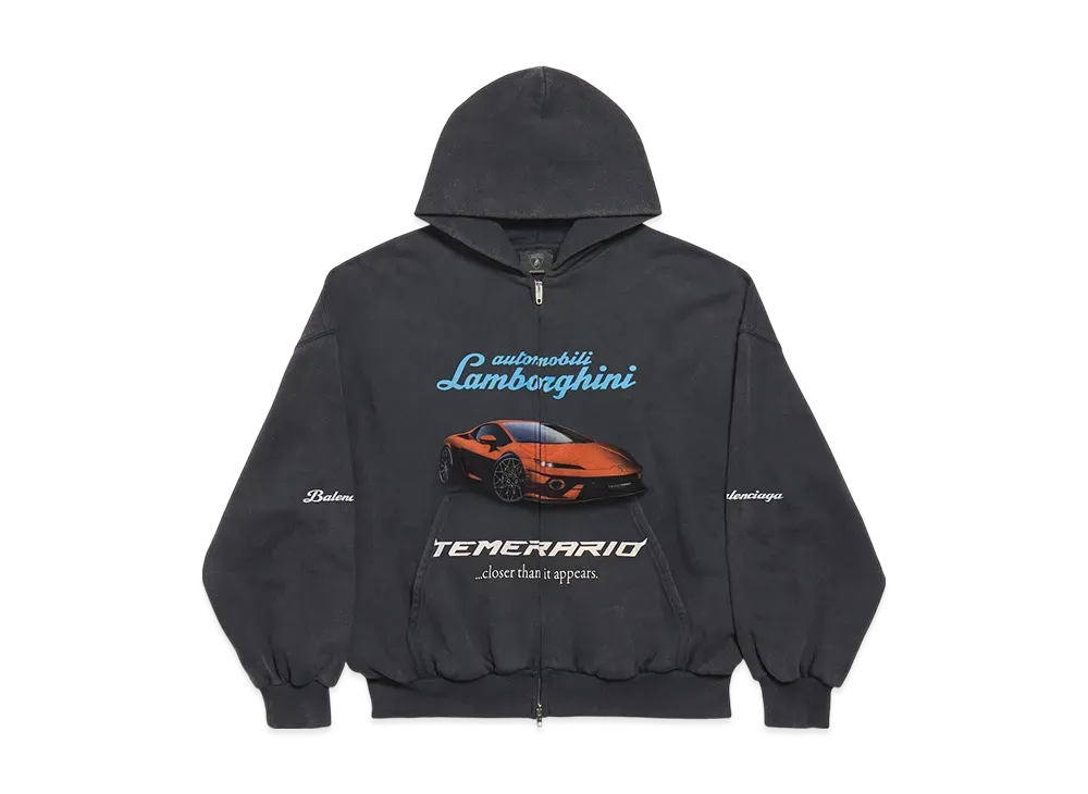 BALENCIAGA Automobili Lamborghini Men's Zip-Up Hoodie Small Fit "Faded Black"