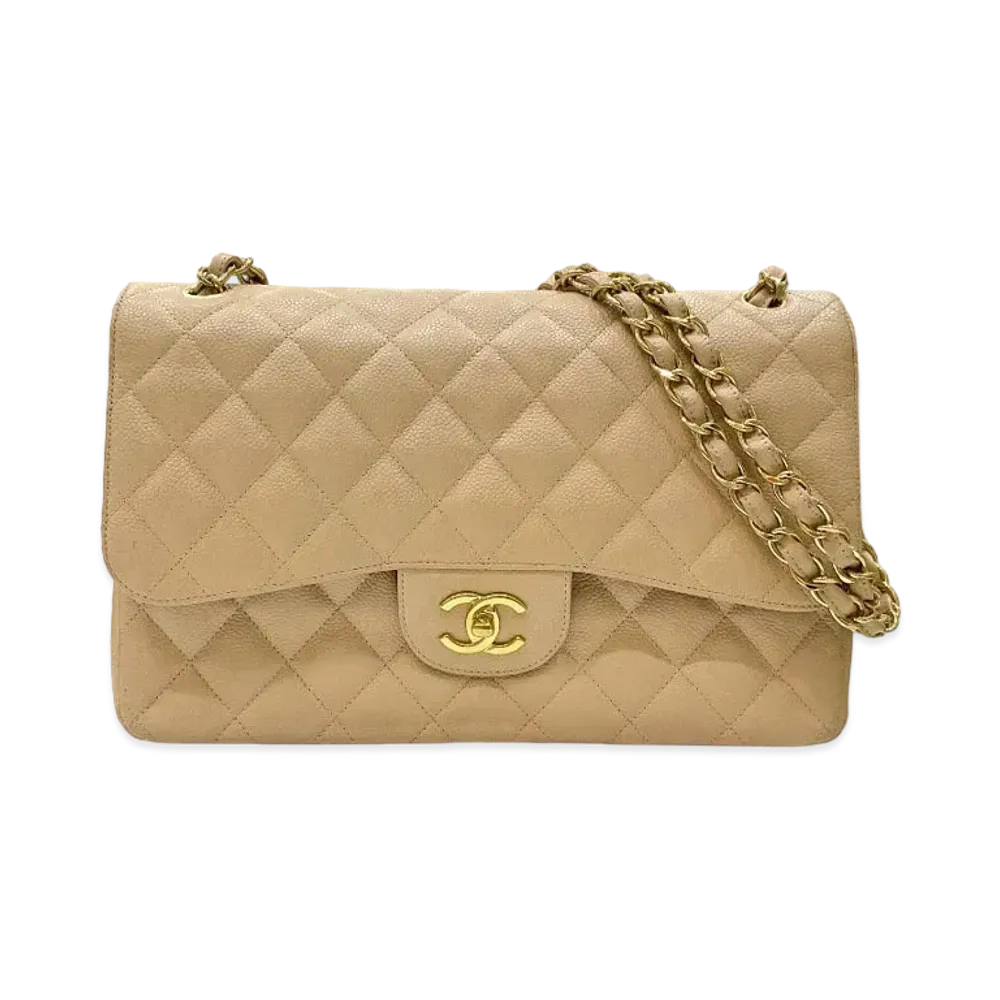 CHANEL Deca Matelasse Classic Double Flap Caviarskin "Beige/Gold"