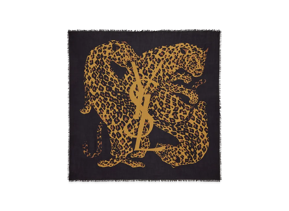 Saint Laurent Women's Cassandre Leopard Square Scarf In Wool Twill "Black"