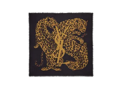 Saint Laurent Women's Cassandre Leopard Square Scarf In Wool Twill "Black"