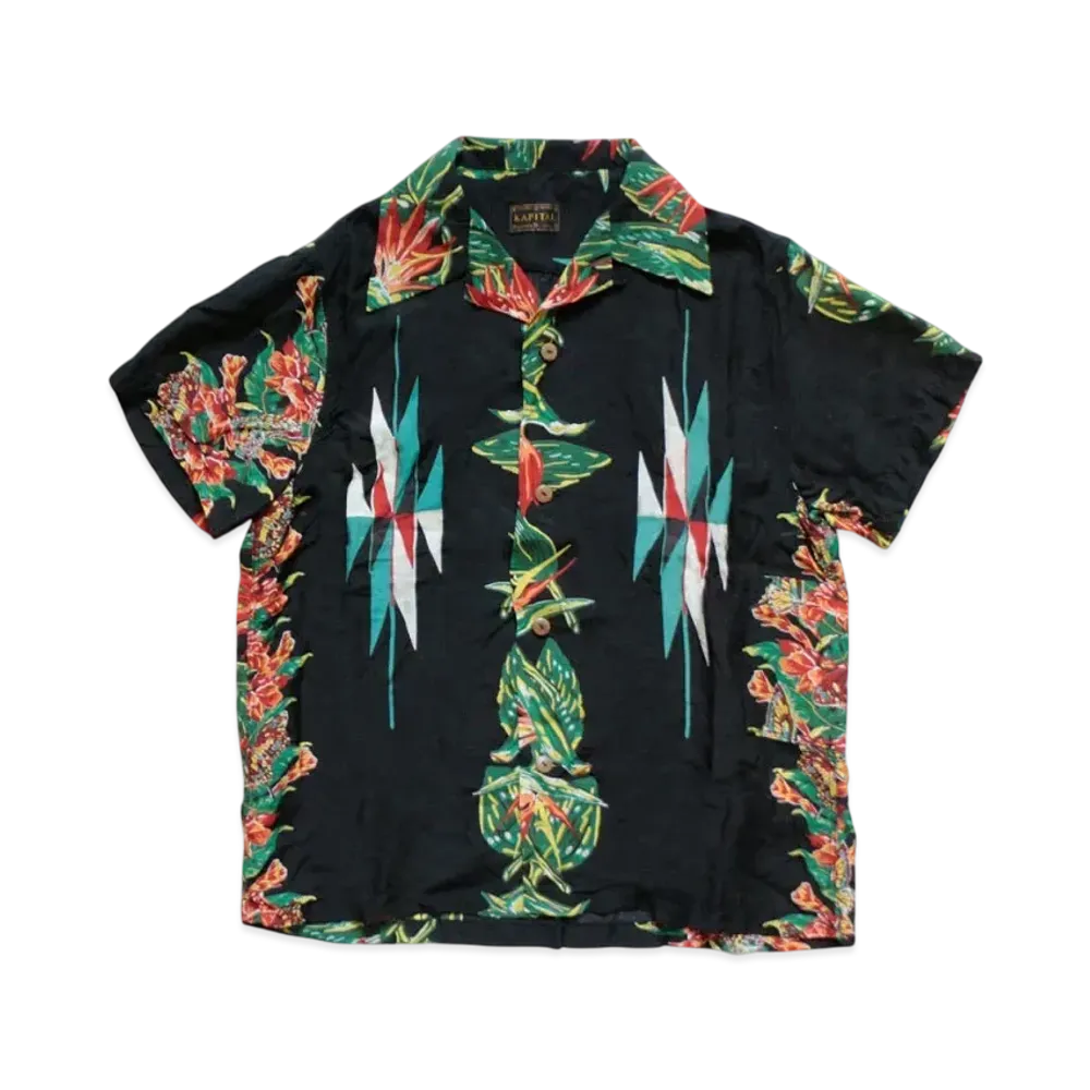 KAPITAL Silk Rayon Hibiscus Ortega Aloha Shirt "Black"