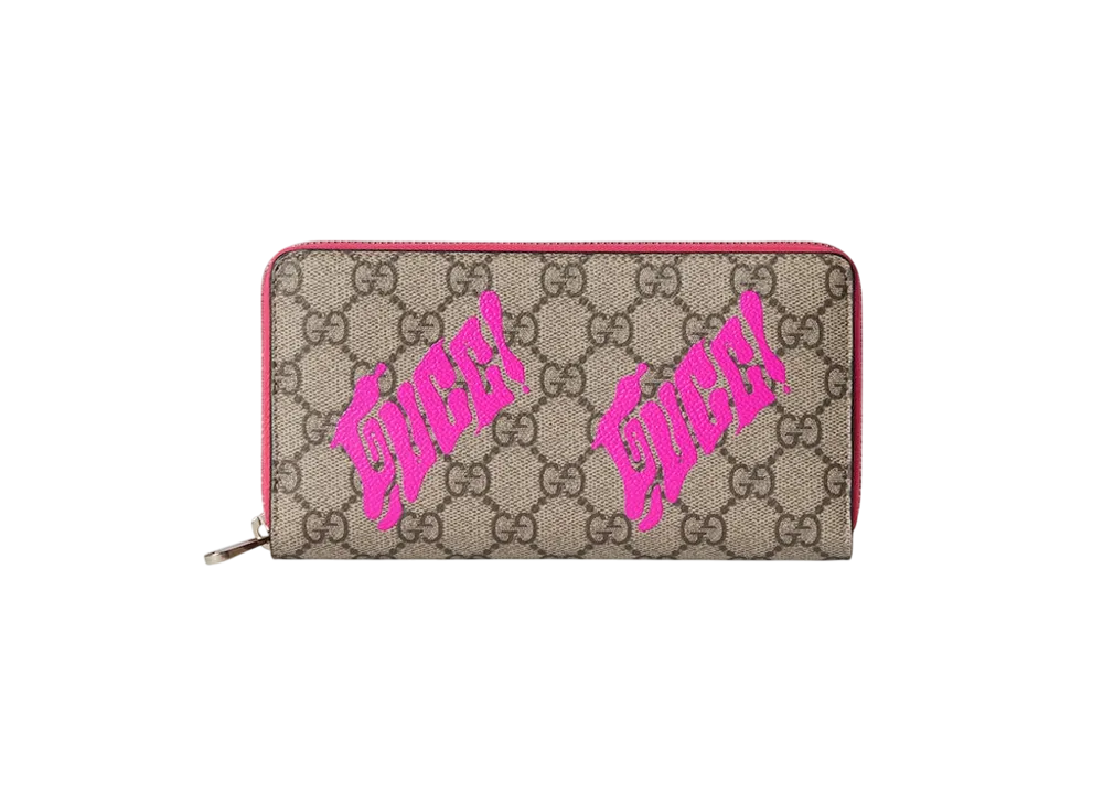 GUCCI GG Monogram Zip Around Wallet With Print "Beige/Dark Brown/Bright Pink"