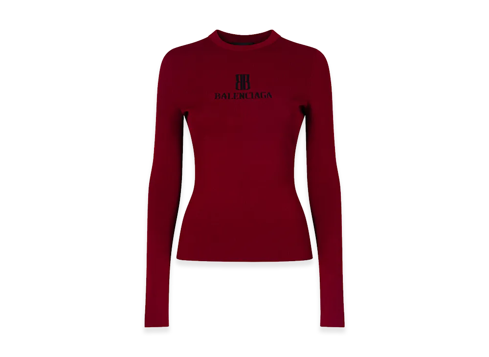 BALENCIAGA Women's Ribbed Crewneck Long-Sleeved Fitted Top "Burgundy/Black"