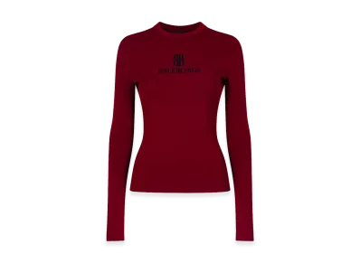 BALENCIAGA Women's Ribbed Crewneck Long-Sleeved Fitted Top "Burgundy/Black"
