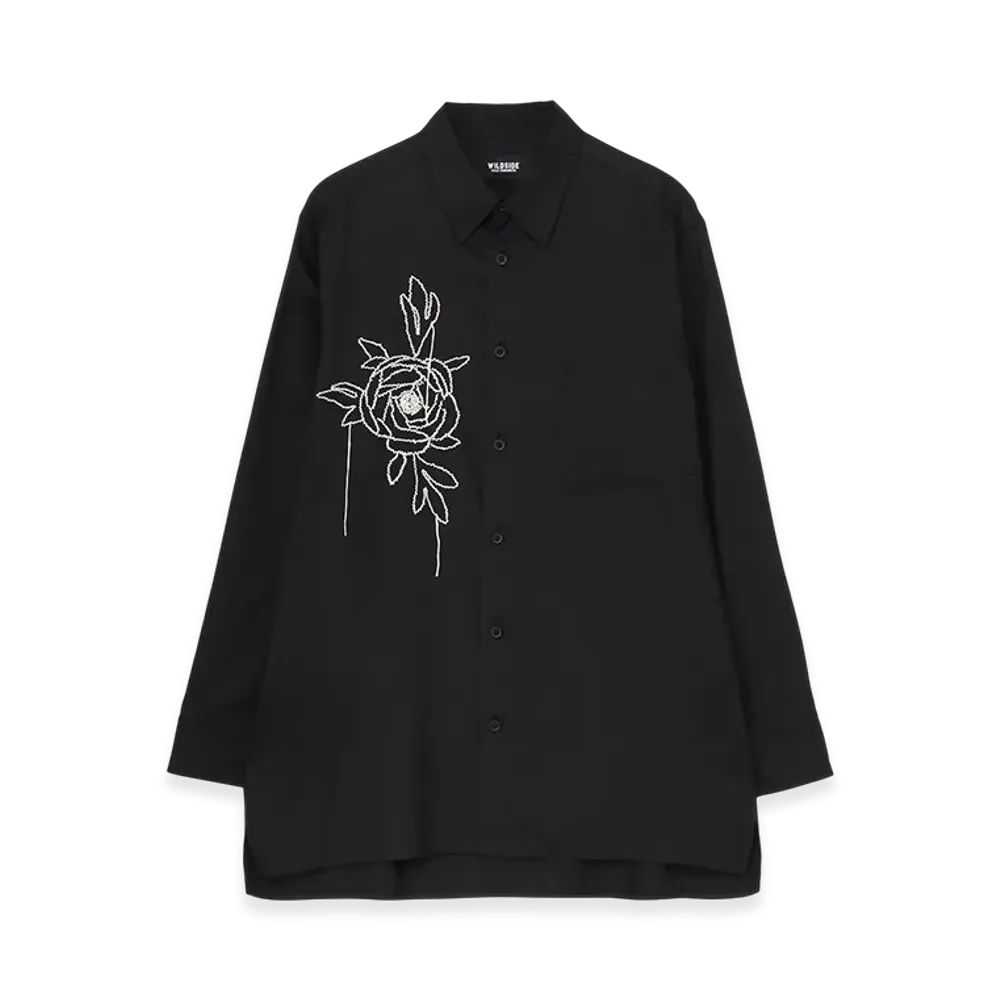 WILDSIDE YOHJI YAMAMOTO T/R Twill Floral Thread-Drop Embroidered Shirt "Black"