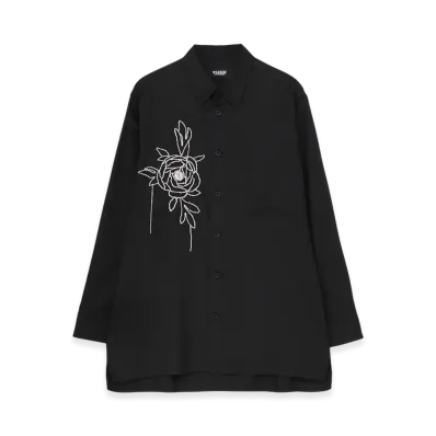 WILDSIDE YOHJI YAMAMOTO T/R Twill Floral Thread-Drop Embroidered Shirt "Black"