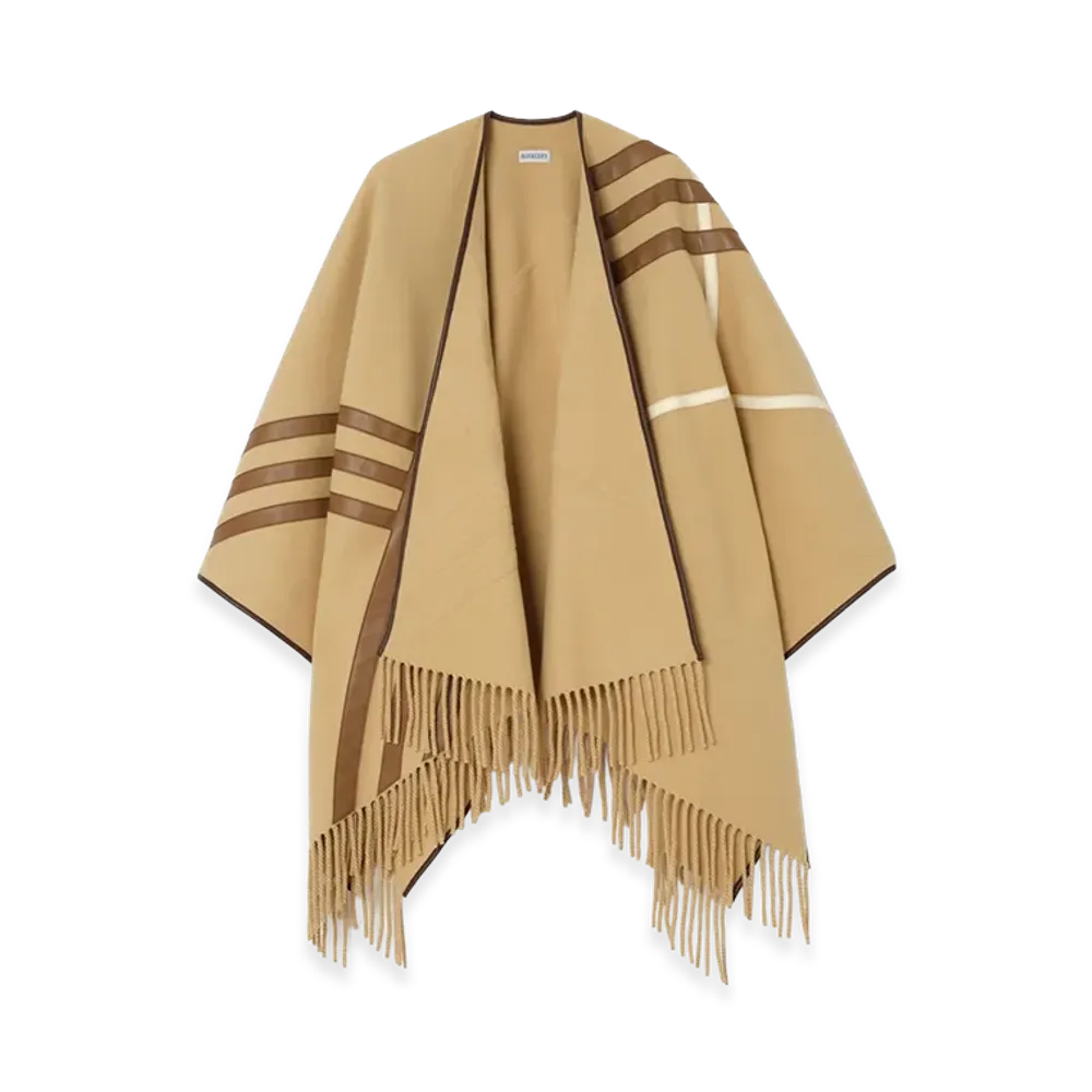Burberry Women's Leather Trim Cashmere Cape "Sand Beige"