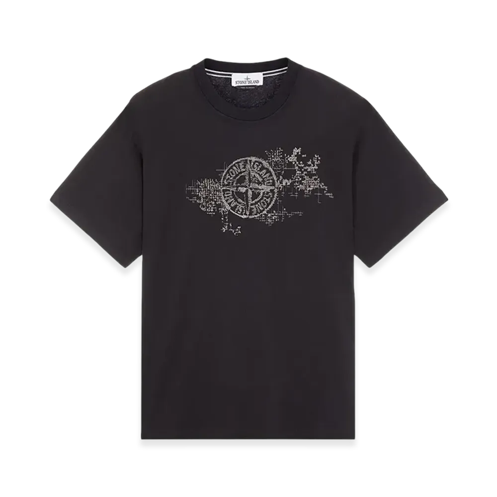 Stone Island 2RCE8 Printed Cotton Jersey with Camo Three Embroidery Short Sleeve T-Shirt - 24SS "Black"