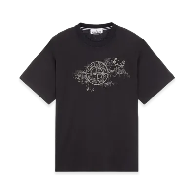 Stone Island 2RCE8 Printed Cotton Jersey with Camo Three Embroidery Short Sleeve T-Shirt - 24SS "Black"