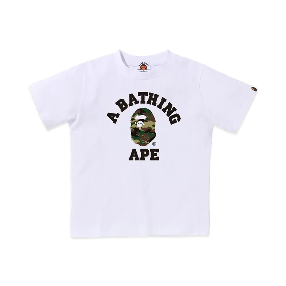 A BATHING APE Kids Glitch Woodland Camo College Tee "White/Green"