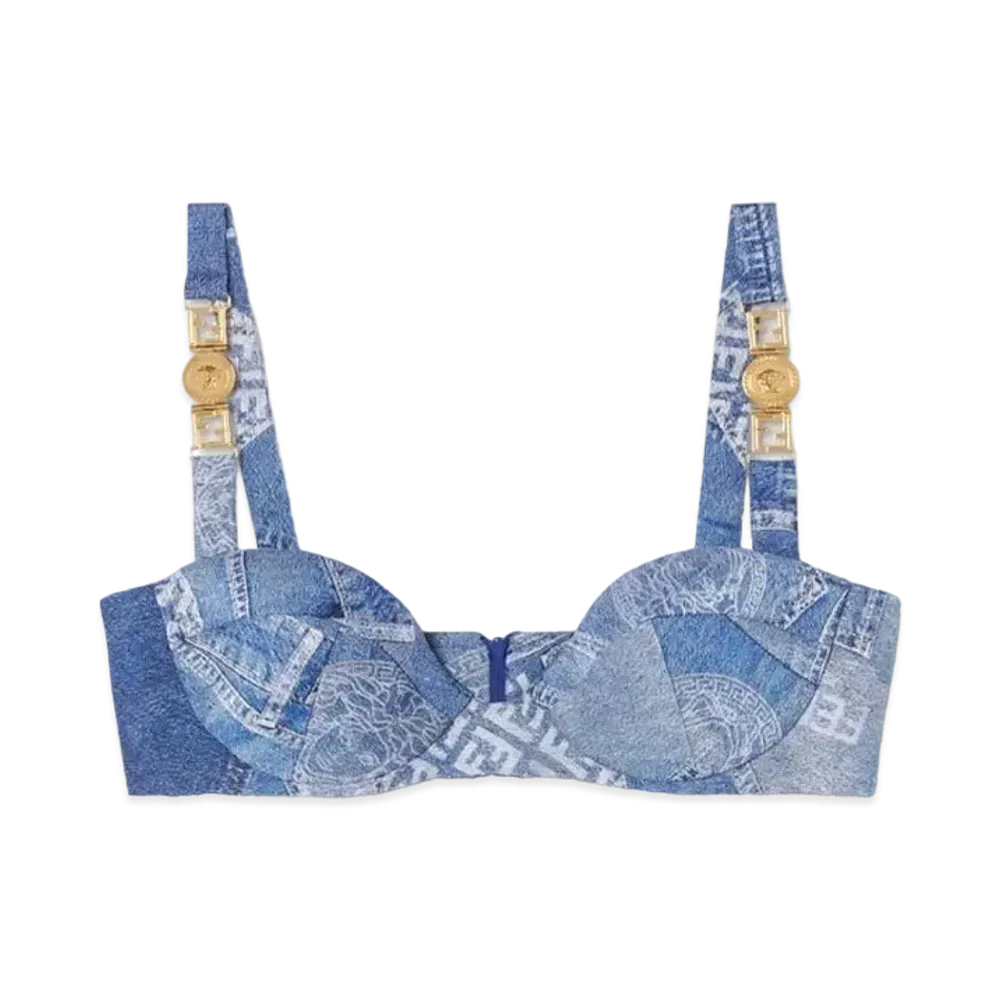 FENDI x Versace Fendace Denim Patchwork Bralette Top "Blue"