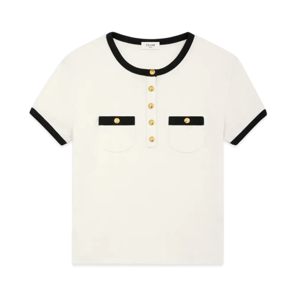 CELINE Women's Cropped T-Shirt in Cotton Jersey "Cream/Black"
