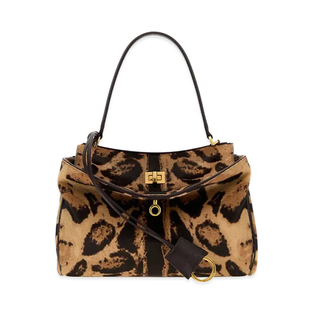BALENCIAGA Women's Rodeo Small Leopard Print Leather Handbag "Brown"