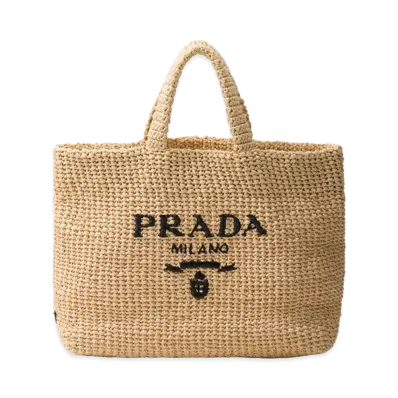 PRADA Women's Logo Woven Fabric Shopping Bag "Beige"