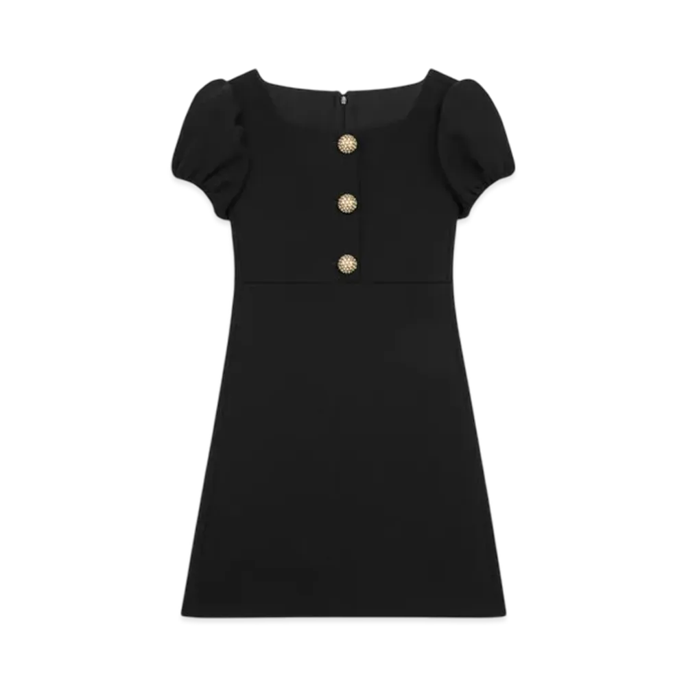 CELINE Women's Mini Dress with Jeweled Buttons in Wool Pique "Black"