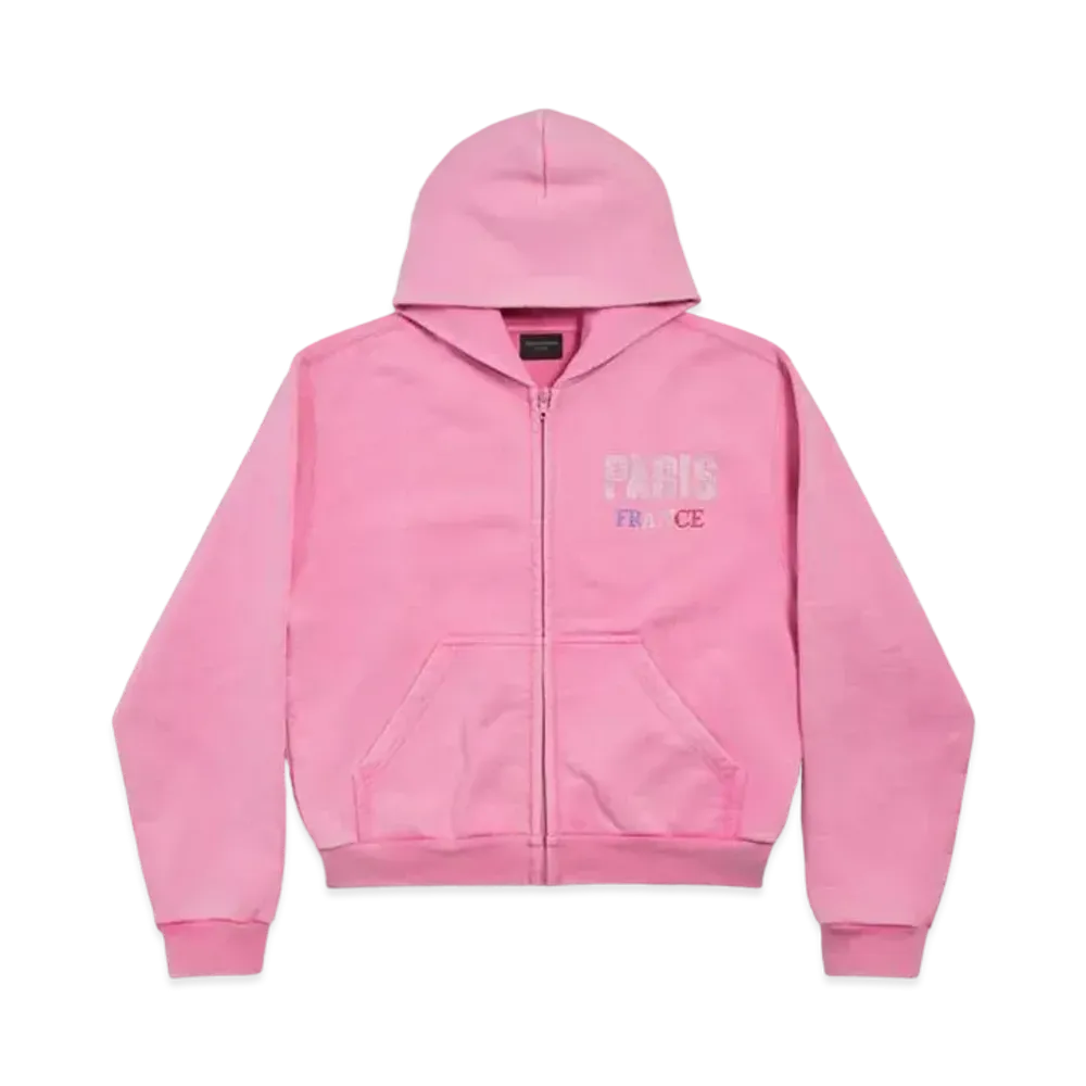 BALENCIAGA Paris Strass Zip-Up Hoodie Small Fit in Archetype Fleece "Faded Pink"