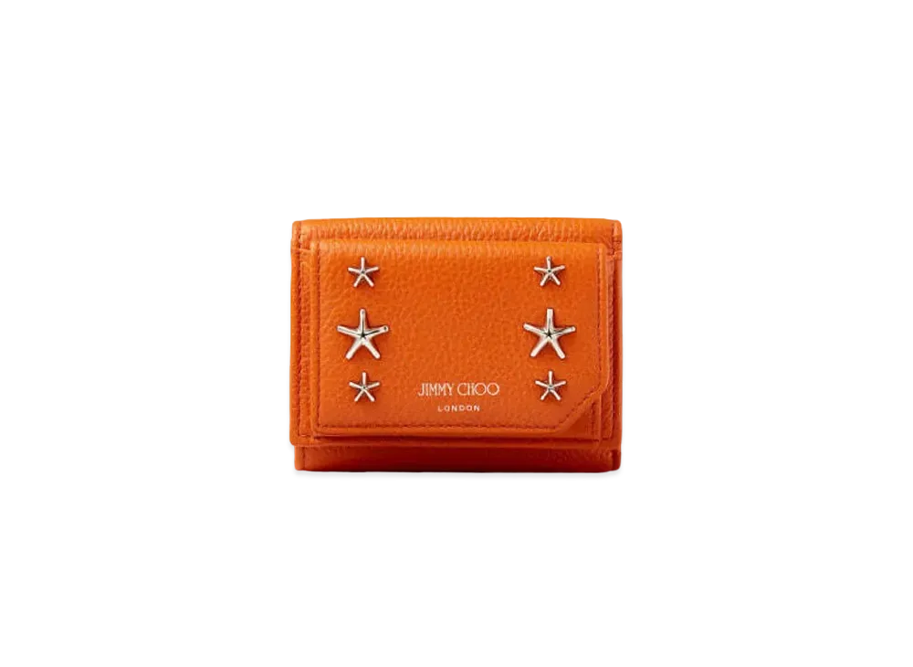 JIMMY CHOO BEALE Soft Grainy Calf Leather Wallet With Star Studs "Amber Orange"