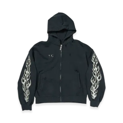 THUG CLUB Leather Flame Hooded Zip-Up "Navy"