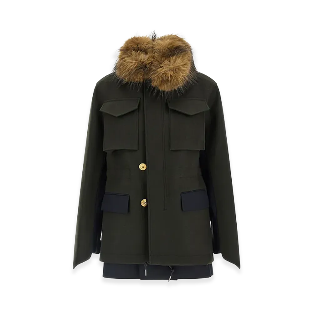 sacai Women's Wool Coat with Fur Insert "Green"