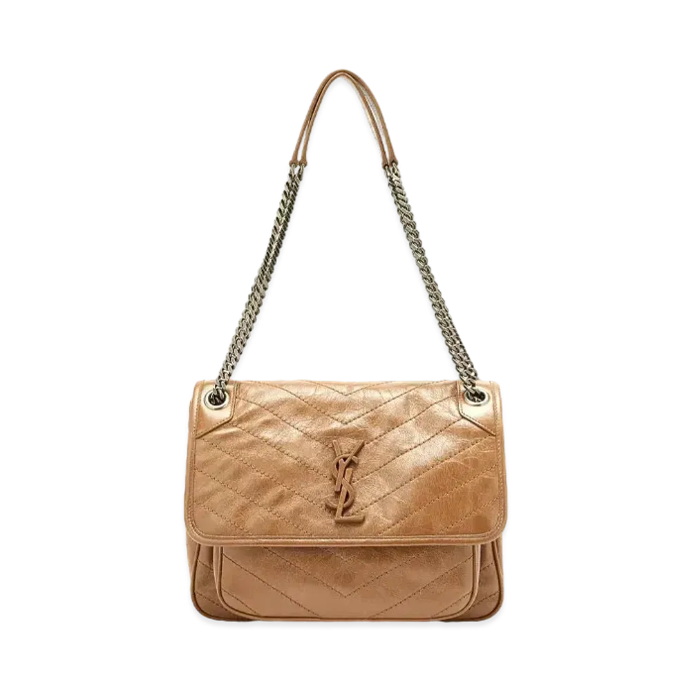 SAINT LAURENT Niki Medium In Quilted Vintage Crinkled Leather "Dark Toffee"