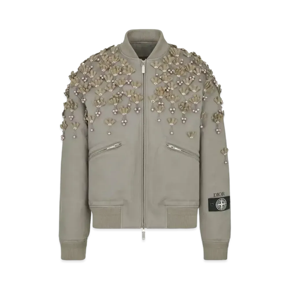 Dior x Stone Island Garment Dye Embroidered Bomber W/ Pearls
