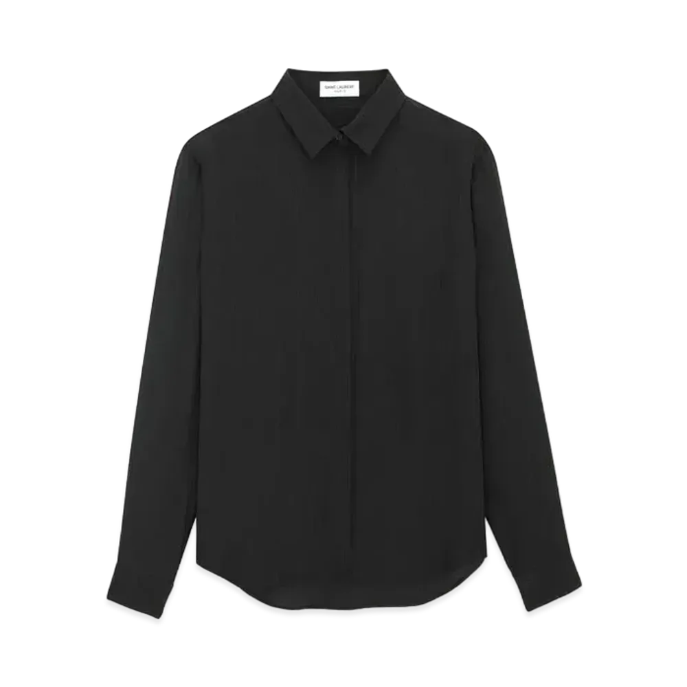 Saint Laurent Women's Shirt in Matte and Shiny Cassandre Striped Silk "Black"