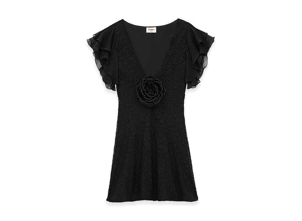 Saint Laurent Women's Abito Con Scollo A V In Mussola Ricamata "Black"