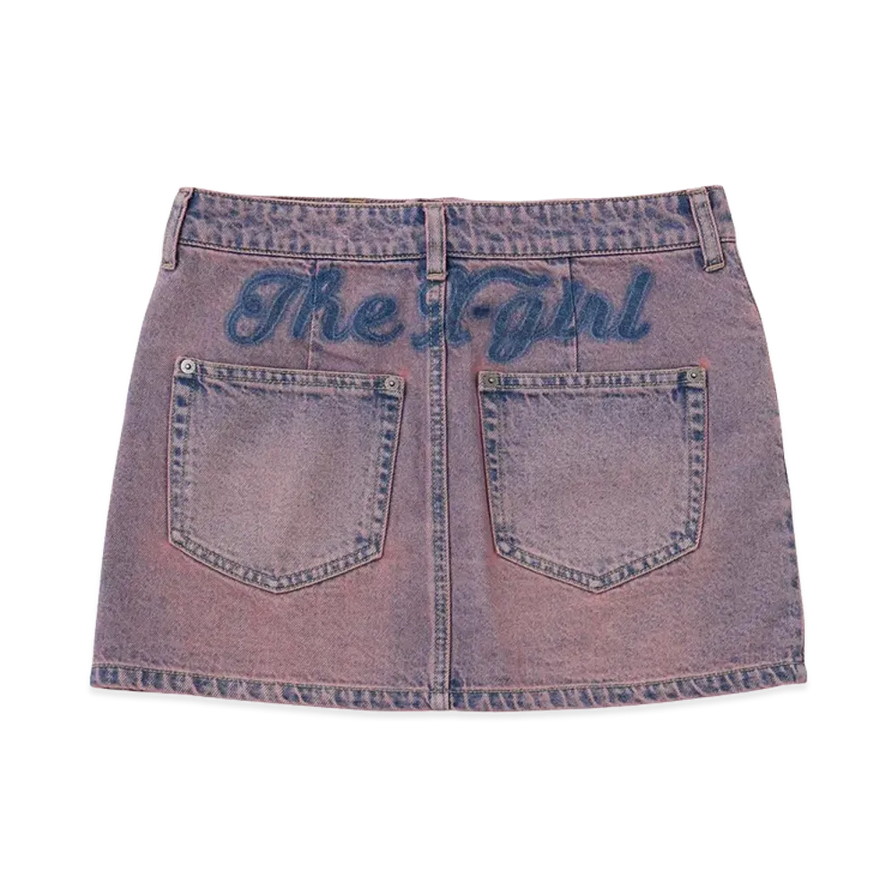 X-Girl Women's Cursive Logo Denim Mini Skirt "Pink"