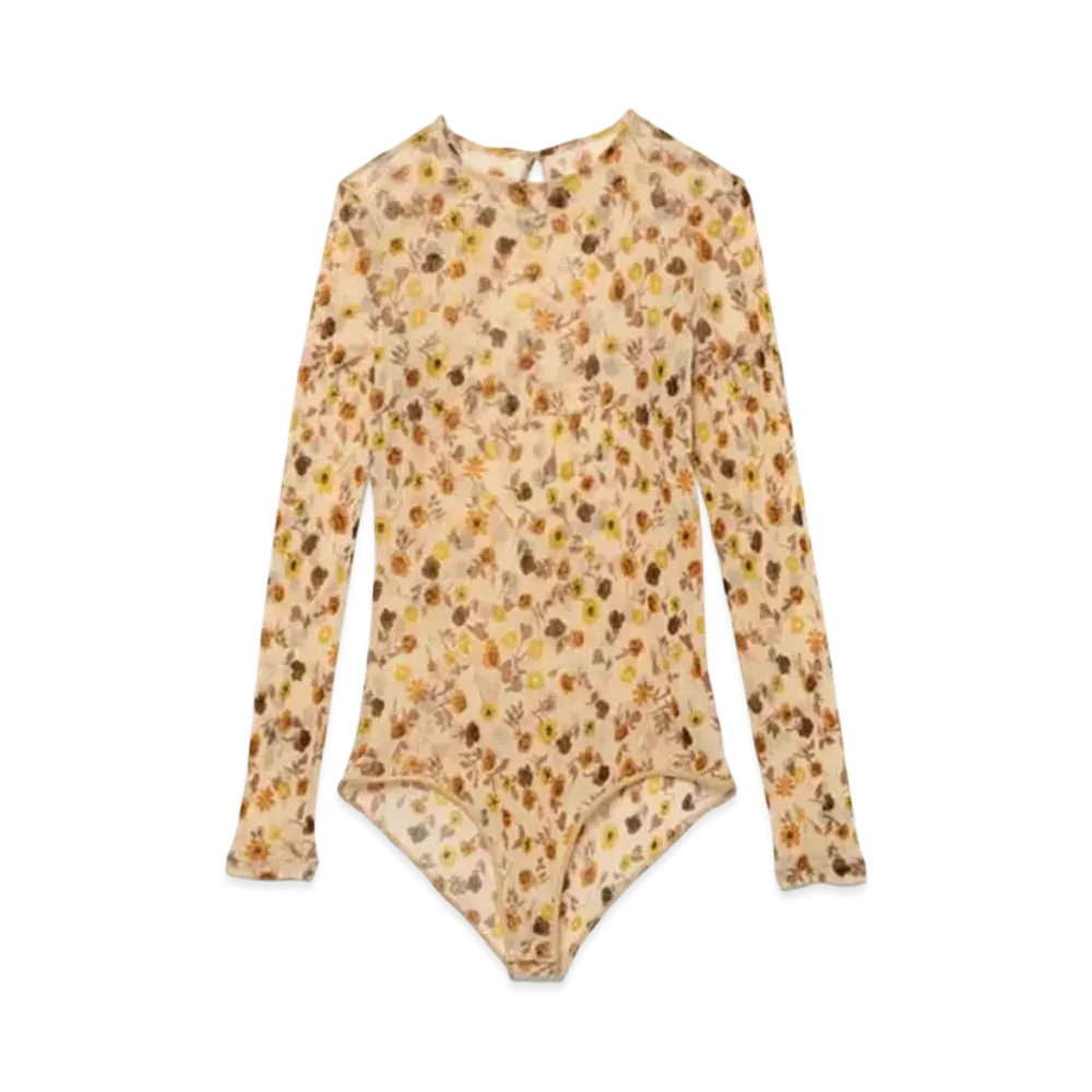 FUMIKA UCHIDA Flower Printed Tulle Crew-neck Bodysuit "Ecru"